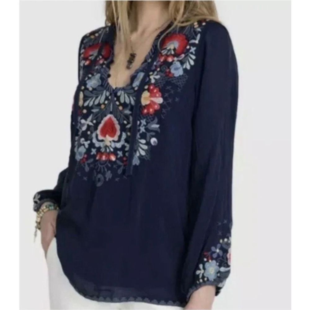 Johnny Was Bisma Navy Embroidered Blouse M